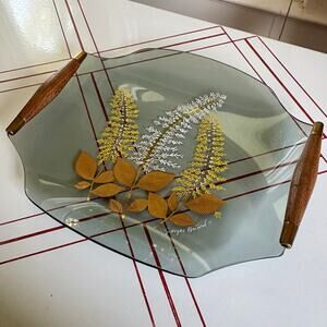 Vintage Georges Briard Smoked Glass Serving Tray Teak Handles Gold Botanical